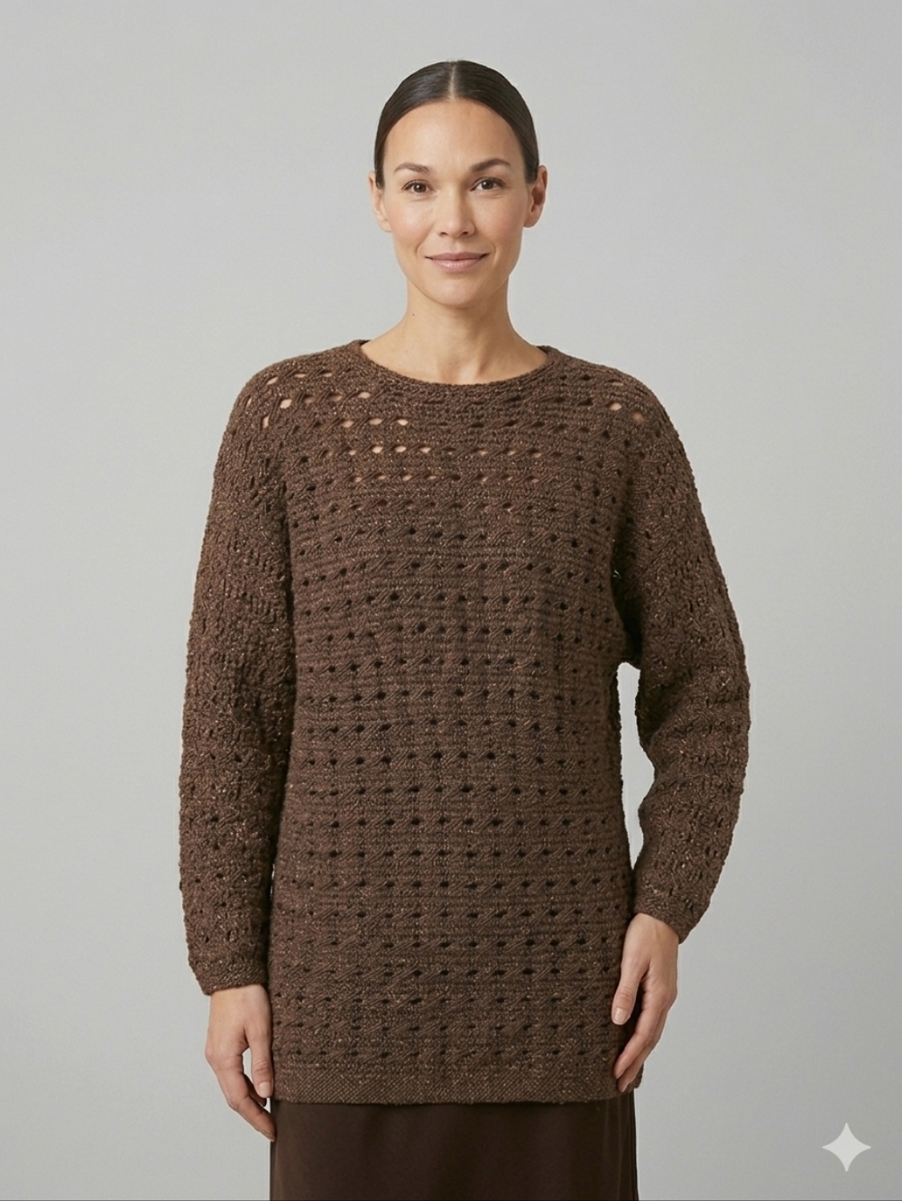 Vintage Danier Silk & Wool Blend Open Knit Sweater Tunic Dress Brown M Boho 90s